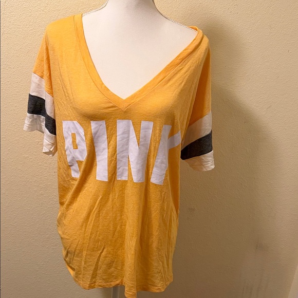 PINK Victoria's Secret Tops - NEW WITH TAGS PINK Victoria's Secret Yellow V-Neck Tee with Stripes